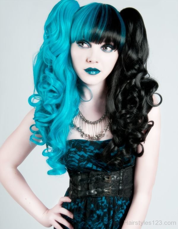 Long Curly Blue & Black Hair.