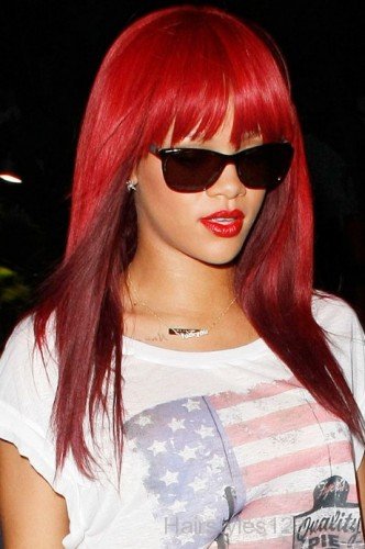 Rihanna Red Hairstyle With Bangs