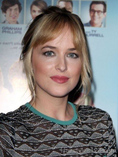 Dakota Johnson Bangs Updo Hairstyle