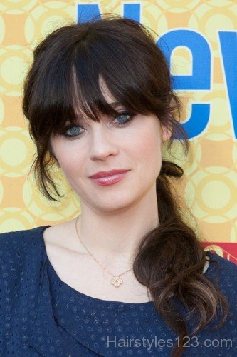 Zooey Deschanel Ponytail With Bangs