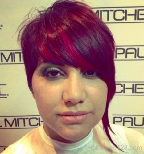 Red Asymmetrical Haircut with bangs